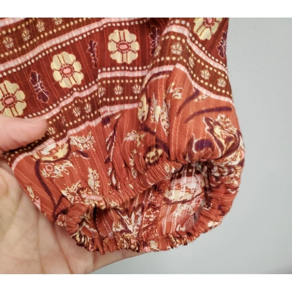 LOFT Women's LS Floral Rust/Burnt orange tie neck top shirt Small Petite Ruffle‎
